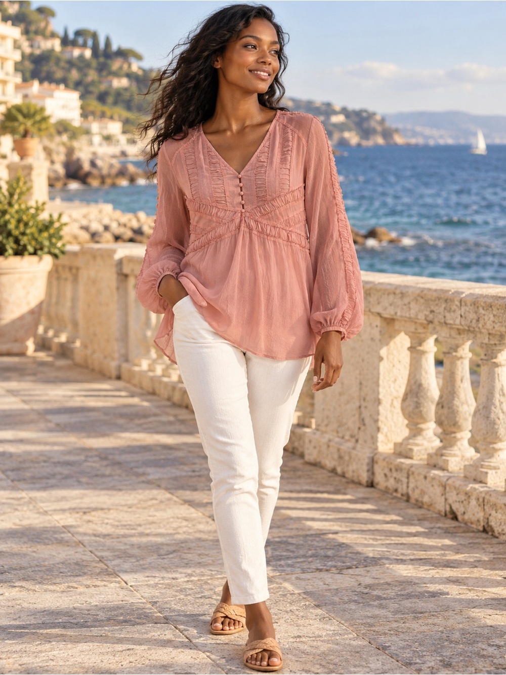 J. Jill Dusty Rose Rayon V-Neck Long Sleeve Peasant Blouse Size S